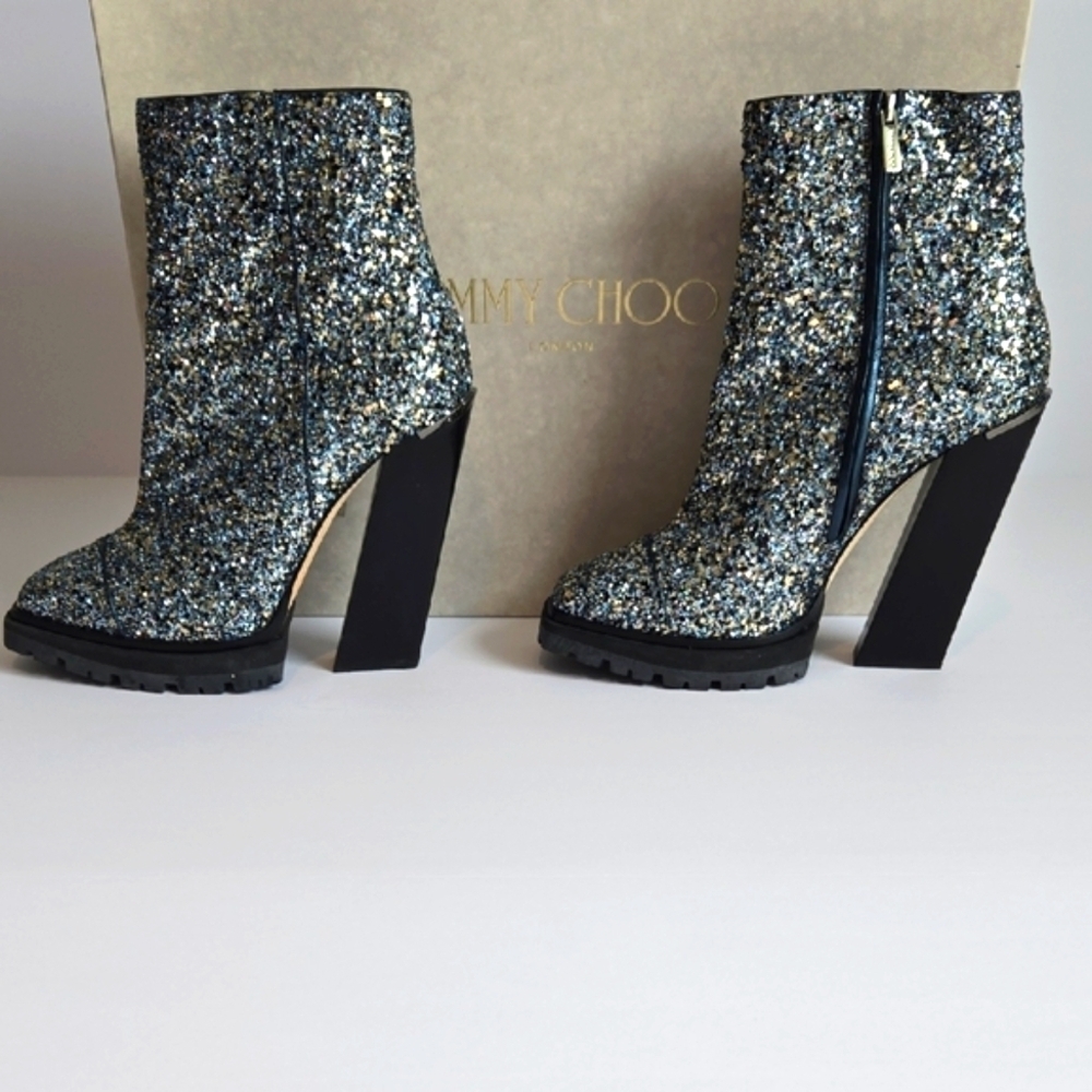 Jimmy Choo 'MADRA 130' Coarse Glitter Ankle Boots, Electric Blue Mix *Size 38*